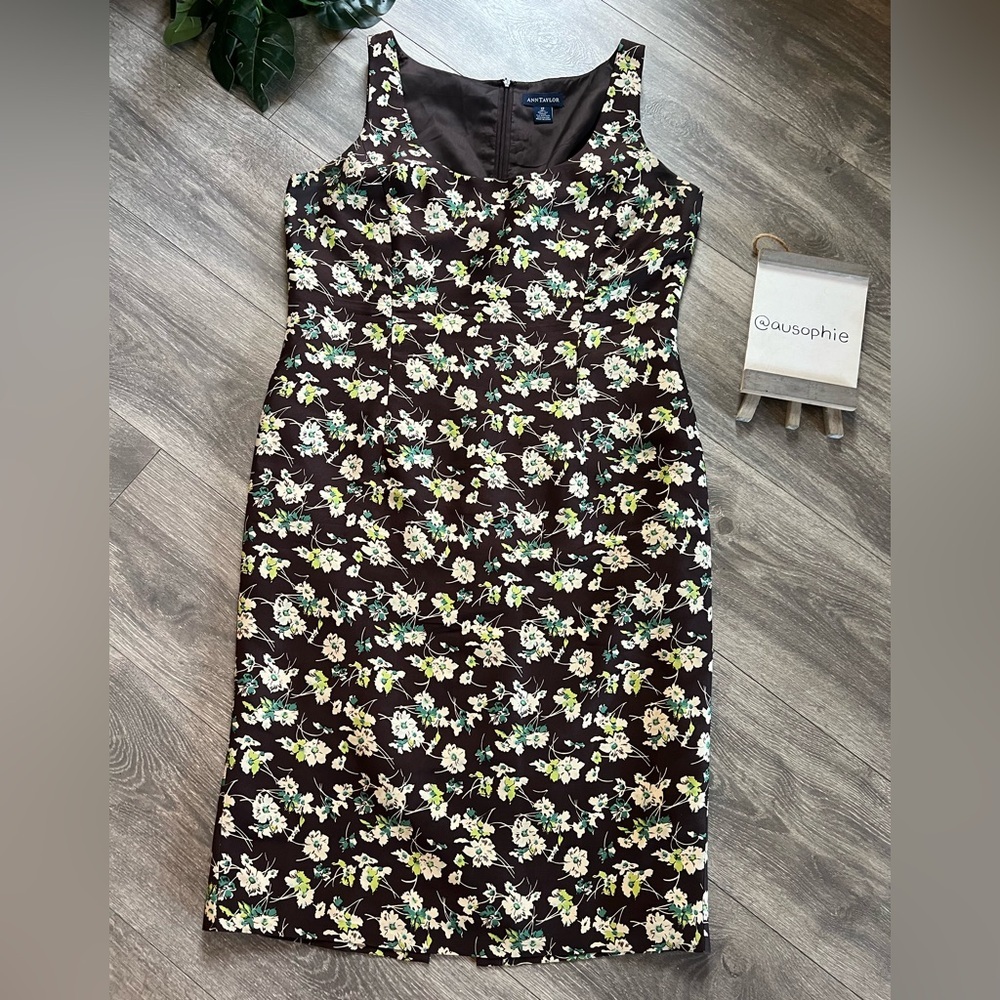 Ann Taylor Brown Floral Midi Dress with Cream & Green Accents